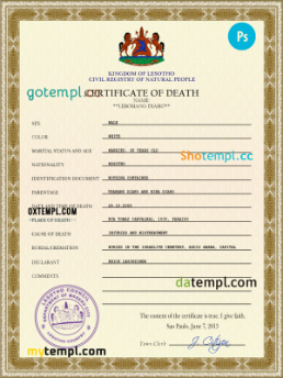 Lesotho vital record death certificate PSD template