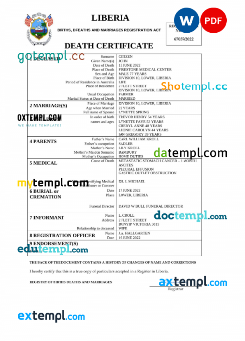 Liberia death certificate Word and PDF template, completely editable