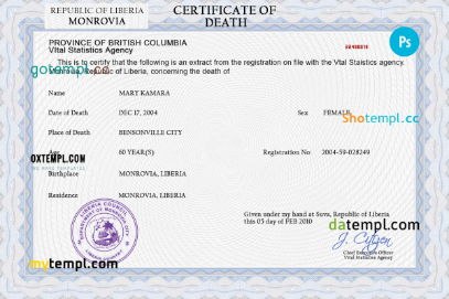 Liberia death certificate PSD template, completely editable