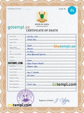 Libya vital record death certificate PSD template, fully editable