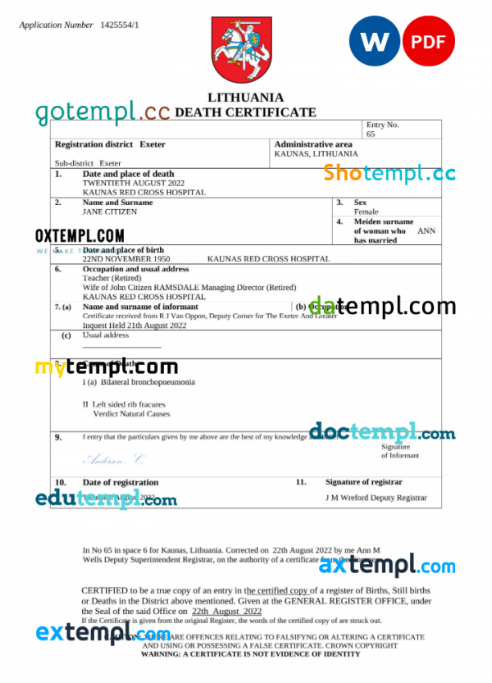 Lithuania vital record death certificate Word and PDF template