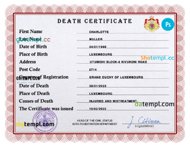 Luxembourg vital record death certificate PSD template