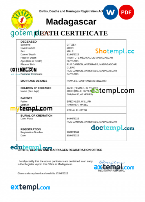 Madagascar vital record death certificate Word and PDF template