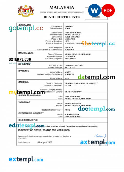 Malaysia death certificate Word and PDF template, completely editable