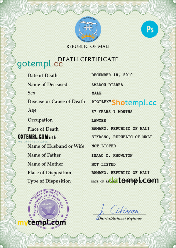 Mali death certificate PSD template, completely editable