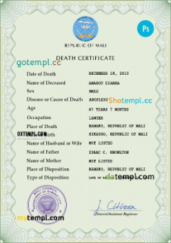 Mali death certificate PSD template, completely editable