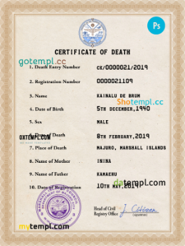 Marshall Islands death certificate PSD template, completely editable