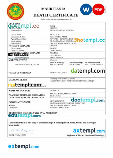 Mauritania vital record death certificate Word and PDF template