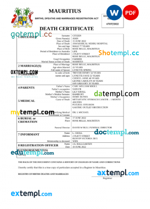 Mauritius death certificate Word and PDF template, completely editable
