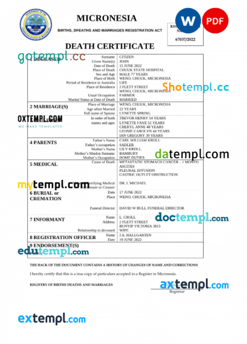 Micronesia vital record death certificate Word and PDF template