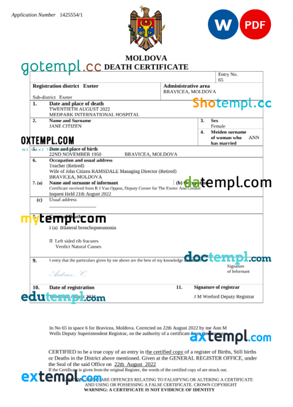 Moldova death certificate Word and PDF template, completely editable