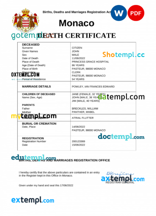 Monaco vital record death certificate Word and PDF template