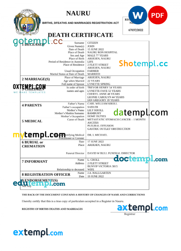 Nauru death certificate Word and PDF template, completely editable