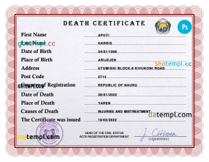 Nauru vital record death certificate PSD template, fully editable