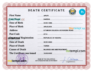 Nauru vital record death certificate PSD template, fully editable