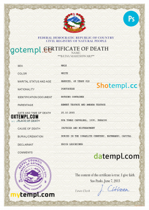 Nepal vital record death certificate PSD template, completely editable
