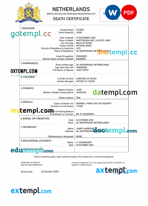 Netherlands vital record death certificate Word and PDF template