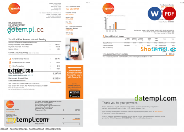 New Zealand Genesis Gas utility bill template in Word and PDF format, 3 pages