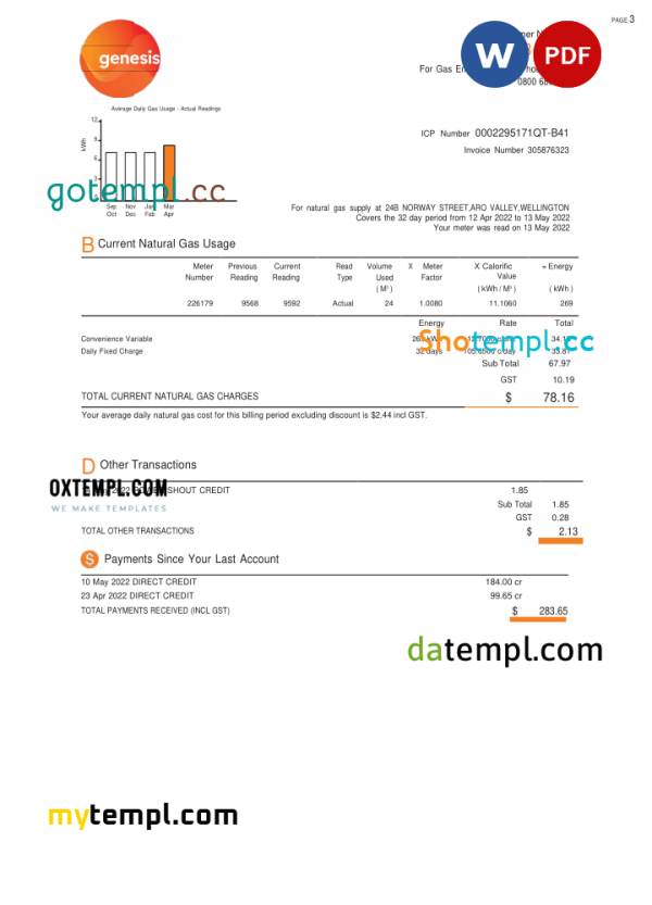 New Zealand Genesis Gas utility bill template in Word and PDF format, 3 pages