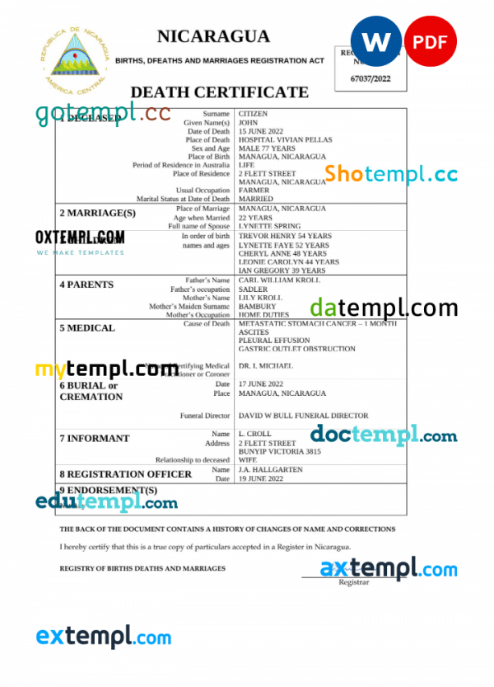 Nicaragua vital record death certificate Word and PDF template