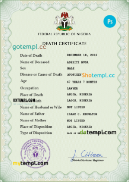 Nigeria vital record death certificate PSD template, fully editable