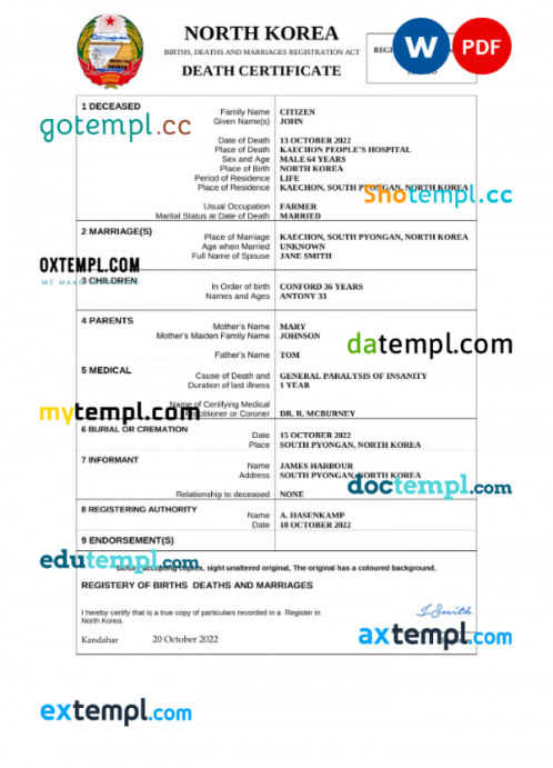 North Korea vital record death certificate Word and PDF template