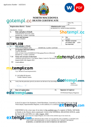 North Macedonia death certificate Word and PDF template, completely editable