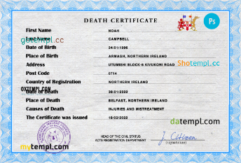 Northern Ireland death certificate PSD template, completely editable