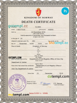 Norway vital record death certificate PSD template, completely editable