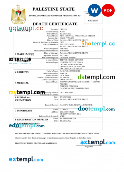 Palestine vital record death certificate Word and PDF template