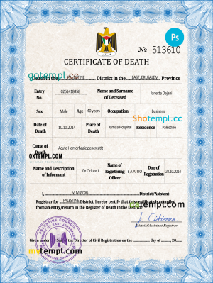 Palestine vital record death certificate PSD template, completely editable