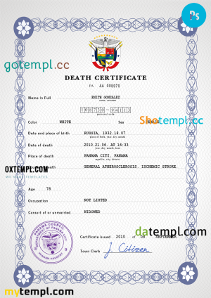 Panama vital record birth certificate PSD template, fully editable