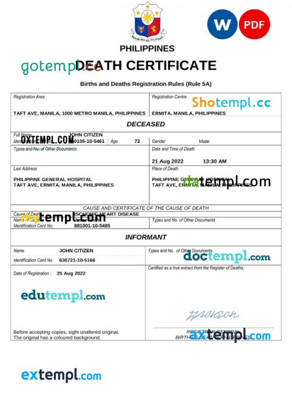 Philippines vital record death certificate Word and PDF template