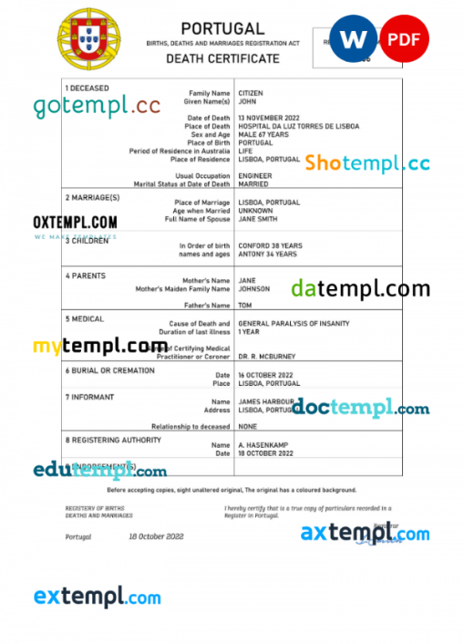 Portugal death certificate Word and PDF template, completely editable