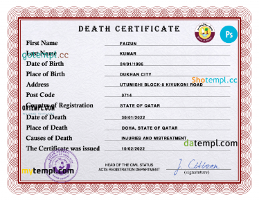 Qatar vital record death certificate PSD template