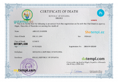 Rwanda vital record death certificate PSD template, fully editable