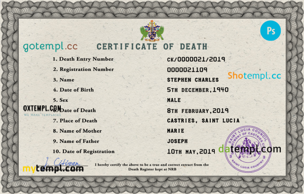 Saint Lucia vital record death certificate PSD template