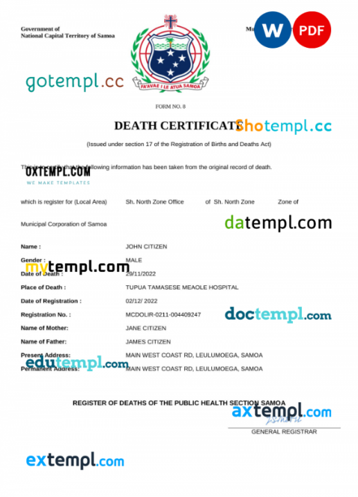 Samoa death certificate Word and PDF template, completely editable