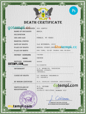 Sao Tome vital record death certificate PSD template, completely editable