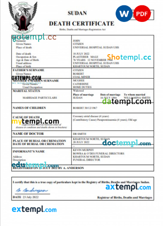 Sudan vital record death certificate Word and PDF template