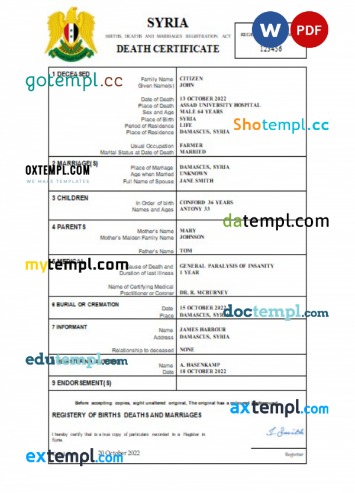 Syria vital record death certificate Word and PDF template