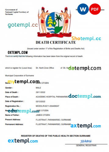 Suriname death certificate Word and PDF template, completely editable