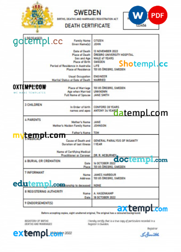 Sweden vital record death certificate Word and PDF template