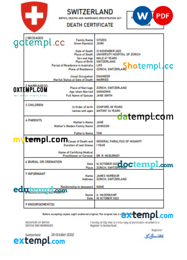 Switzerland vital record death certificate Word and PDF template