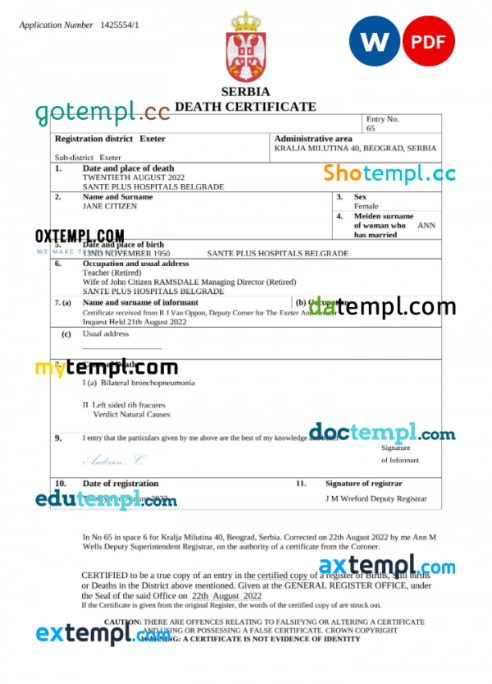 Serbia death certificate Word and PDF template, completely editable