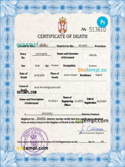 Serbia death certificate PSD template, completely editable