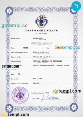 Seychelles vital record death certificate PSD template, fully editable