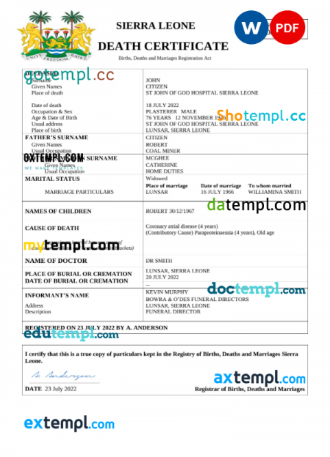 Sierra Leone death certificate Word and PDF template, completely editable