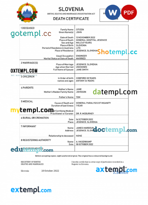 Slovenia vital record death certificate Word and PDF template