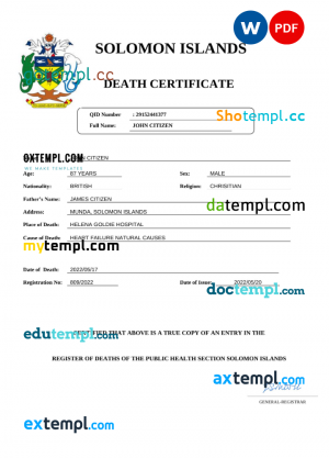 Solomon Islands vital record death certificate Word and PDF template